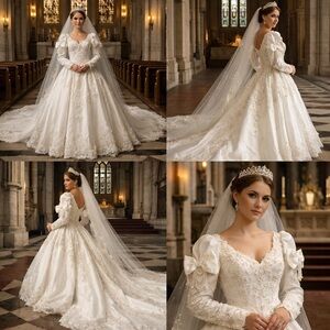 Vintage Mori Lee Cathedral Train Princess Wedding Dress White Fits 4/6